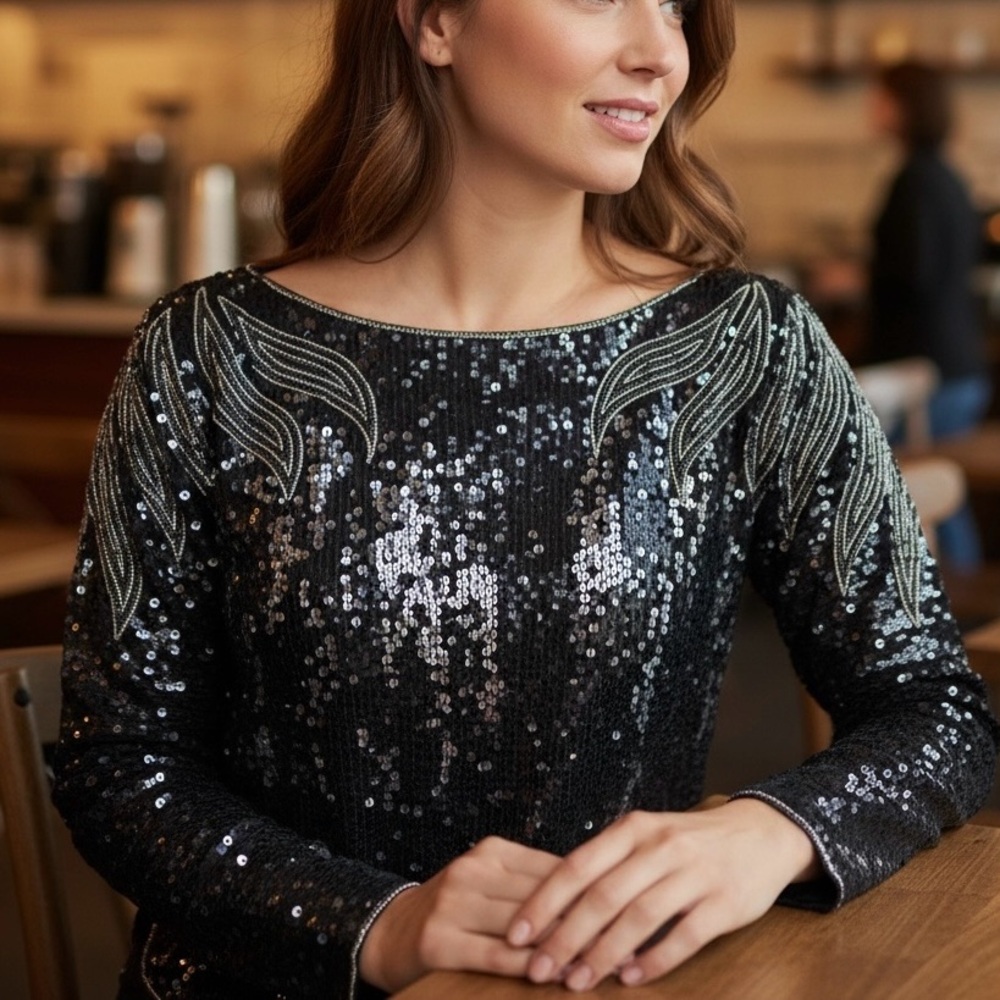 Vintage Bonwit Teller SILK Sequin Beaded Blouse Top Evening Coctail Size S Black